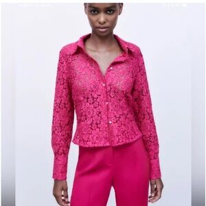 ZARA Pink Lace Button-Up Top